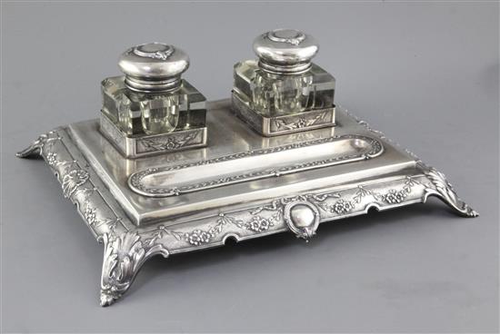 An ornate late 19th/early 20th century Portuguese 833 standard silver inkstand, inkstand 27.5 oz.